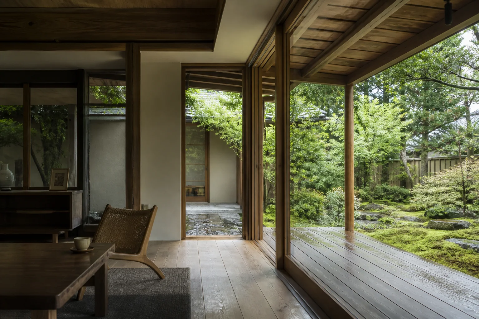 木の床と建具の手触りが庭の風景につながる住宅の室内
