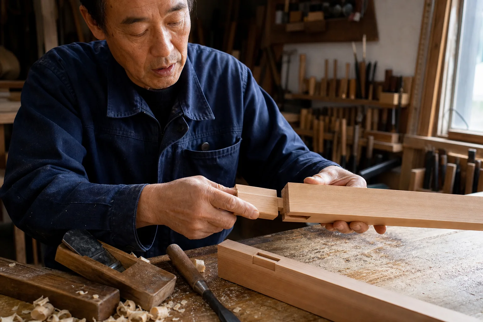 工房で木造住宅の継手を組みながら説明する大工