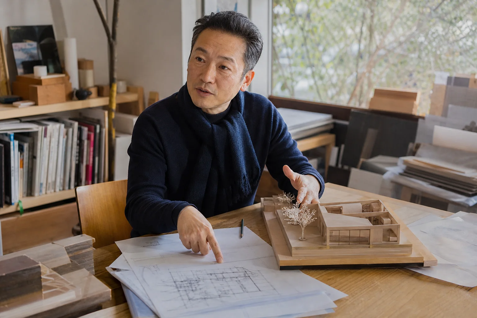 住宅模型と平面図を示しながら間の設計を説明する建築家